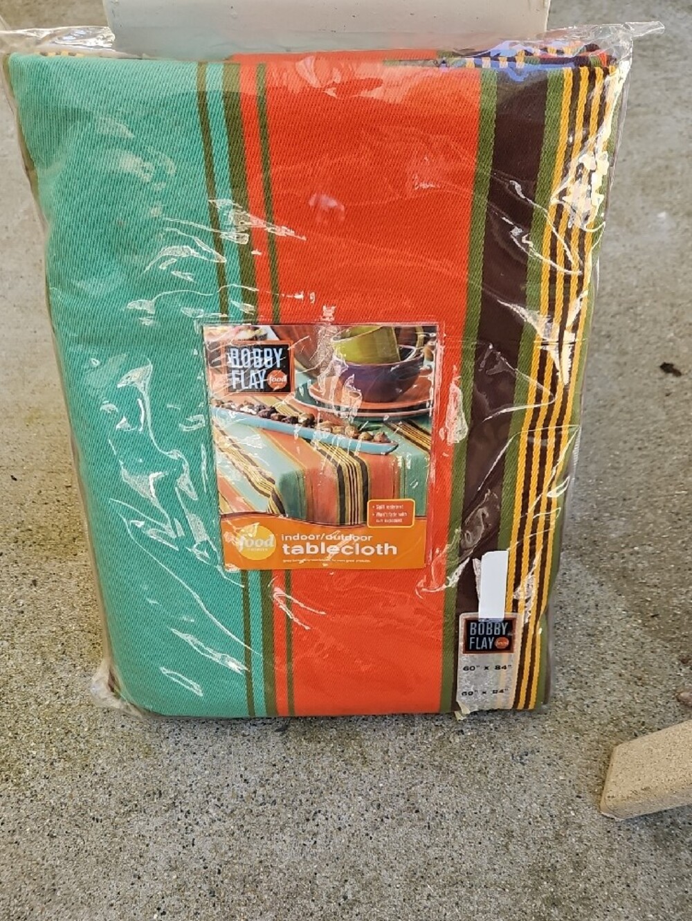 NEW IN PACKAGE Bobby Flay  Green & Coral Striped Indoor/Outdoor Tablecloth 60X84